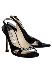 Current Boutique-Jimmy Choo - Black Satin Jeweled Open-Toe Pumps Sz 7