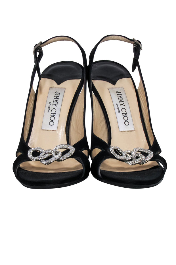 Current Boutique-Jimmy Choo - Black Satin Jeweled Open-Toe Pumps Sz 7