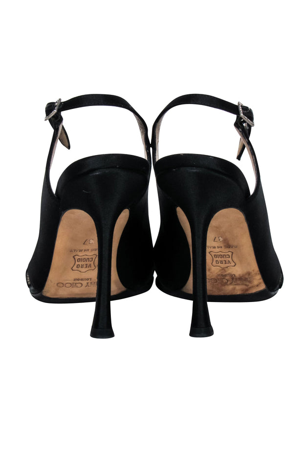Current Boutique-Jimmy Choo - Black Satin Jeweled Open-Toe Pumps Sz 7