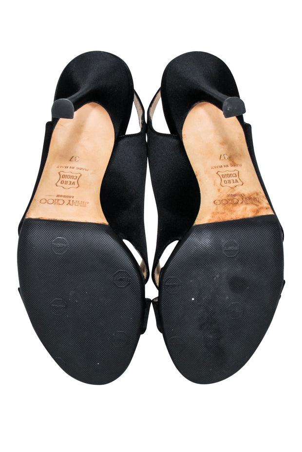 Current Boutique-Jimmy Choo - Black Satin Jeweled Open-Toe Pumps Sz 7