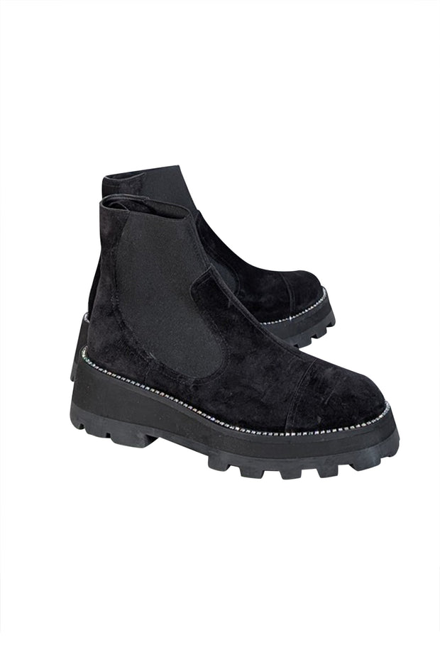 Current Boutique-Jimmy Choo - Black Suede Short Boots w/ Rhinestone Trim Sz 11