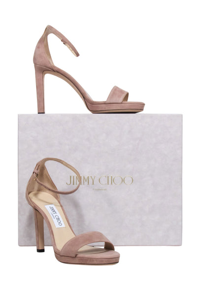 Current Boutique-Jimmy Choo - Beige “Misty 100” Suede Open Toe Platform Heels Sz 8