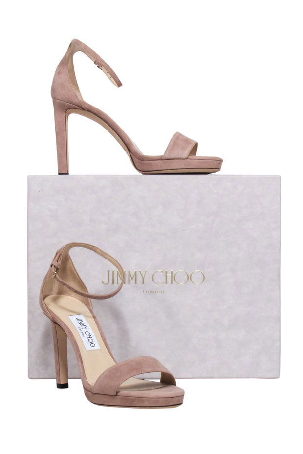 Current Boutique-Jimmy Choo - Beige “Misty 100” Suede Open Toe Platform Heels Sz 8