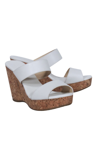 Current Boutique-Jimmy Choo - White Leather Upper Platform Cork Wedges Sz 9