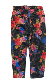 Current Boutique-Johnny Was - Black w/ Multicolor Floral Printed Silk Drawstring Pants Sz XS