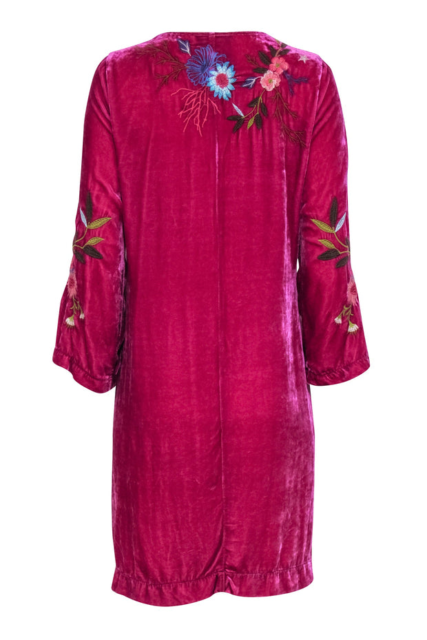Current Boutique-Johnny Was - Fuchsia Crushed Velvet Floral Embroidered "Ulla" Dress Sz S