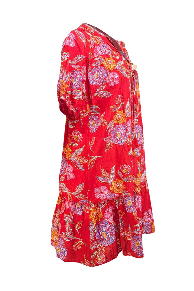 Johnny Was - Red Floral Short Sleeve Shift Dress Sz XS - Current Boutique