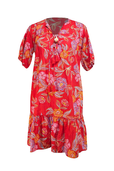 Johnny Was - Red Floral Short Sleeve Shift Dress Sz XS - Current Boutique