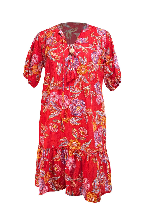Johnny Was - Red Floral Short Sleeve Shift Dress Sz XS - Current Boutique