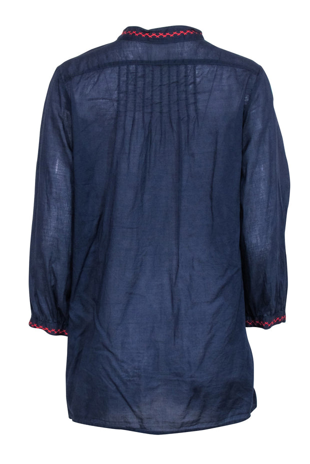 Current Boutique-Johnny Was - Navy w/ Multi Color Floral Embroidered Long Sleeve Top Sz M