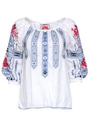 Current Boutique-Johnny Was - White w/ Blue & Floral Embroidered Tunic Shirt Sz XS