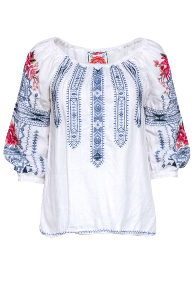 Current Boutique-Johnny Was - White w/ Blue & Floral Embroidered Tunic Shirt Sz XS