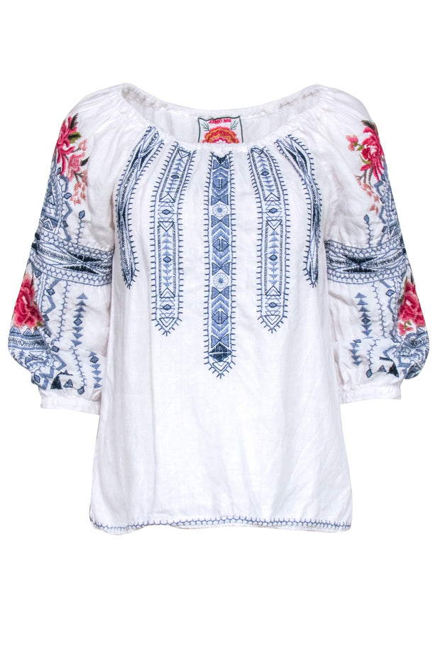 Current Boutique-Johnny Was - White w/ Blue & Floral Embroidered Tunic Shirt Sz XS
