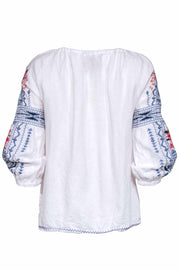 Current Boutique-Johnny Was - White w/ Blue & Floral Embroidered Tunic Shirt Sz XS
