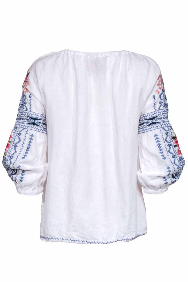 Current Boutique-Johnny Was - White w/ Blue & Floral Embroidered Tunic Shirt Sz XS