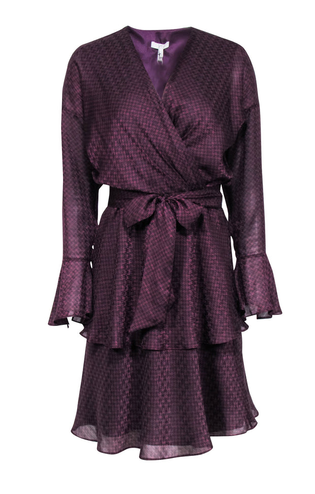 Current Boutique-Joie - Plum Purple & Black Houndstooth Print Ruffled Dress Sz S