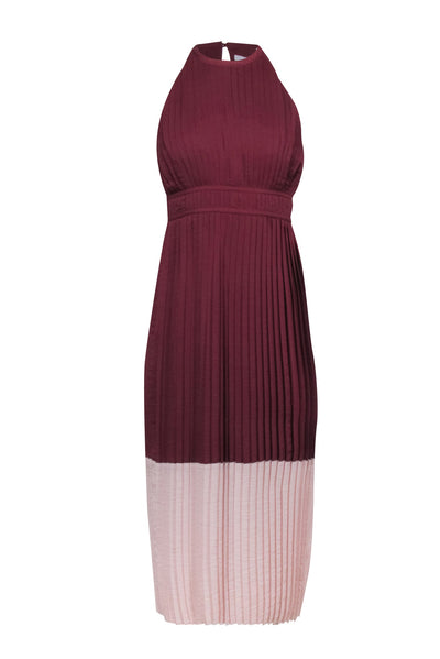 Current Boutique-Joie - Maroon w/ Blush Trim Pleated Sleeveless Mid-Maxi Dress Sz 00
