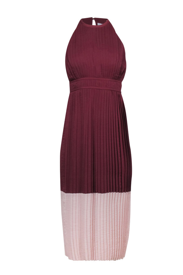 Current Boutique-Joie - Maroon w/ Blush Trim Pleated Sleeveless Mid-Maxi Dress Sz 00