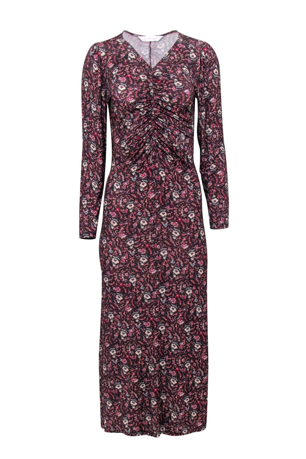 Current Boutique-Joie - Brown w/ Multicolor Floral Print Ruched Maxi Dress Sz S