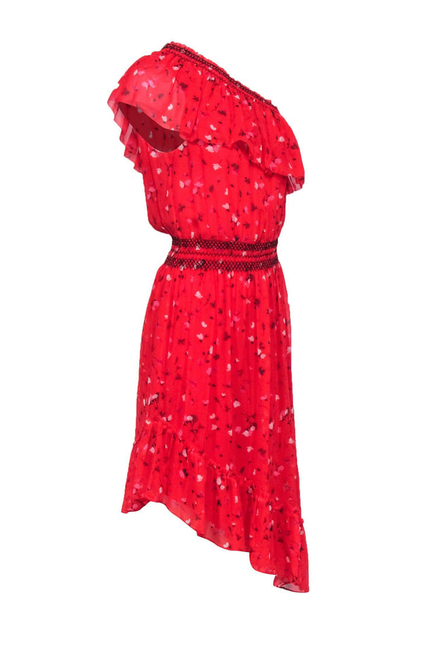 Current Boutique-Joie - Red Asymmetrical One-Shoulder Floral Print Silk Dress Sz S