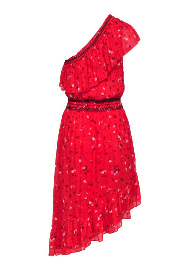 Current Boutique-Joie - Red Asymmetrical One-Shoulder Floral Print Silk Dress Sz S