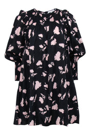 Current Boutique-Joie - Black & Pink Floral Print Smocked Babydoll Dress w/ Ruffles Sz S