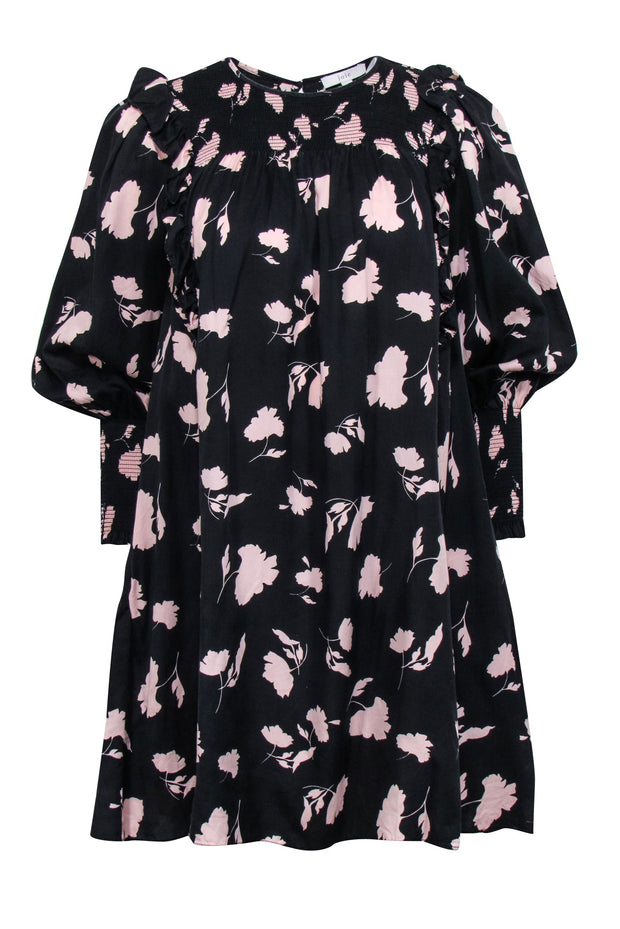 Current Boutique-Joie - Black & Pink Floral Print Smocked Babydoll Dress w/ Ruffles Sz S