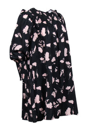 Current Boutique-Joie - Black & Pink Floral Print Smocked Babydoll Dress w/ Ruffles Sz S