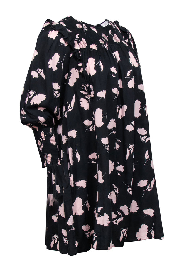 Current Boutique-Joie - Black & Pink Floral Print Smocked Babydoll Dress w/ Ruffles Sz S