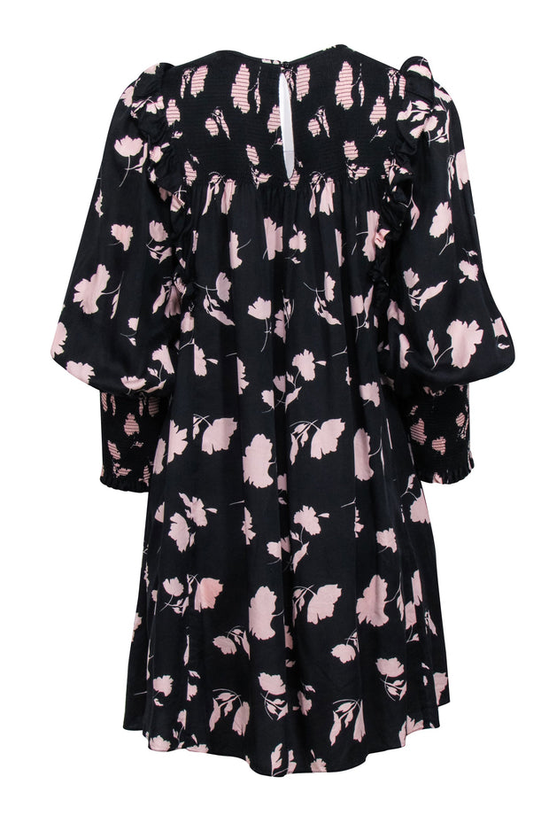 Current Boutique-Joie - Black & Pink Floral Print Smocked Babydoll Dress w/ Ruffles Sz S