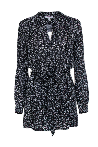 Current Boutique-Joie - Black & White Floral Long Sleeve Quarter Button Down Dress Sz XS