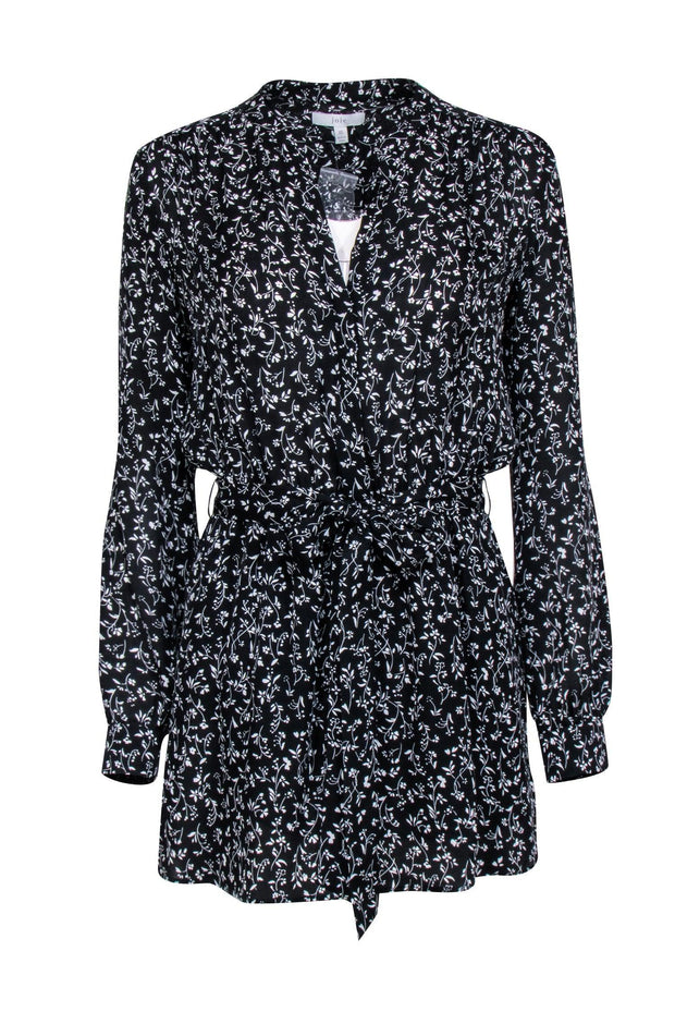 Current Boutique-Joie - Black & White Floral Long Sleeve Quarter Button Down Dress Sz XS