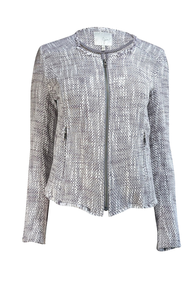 Joie - Grey & White Textured Knit Jacket w/ Raw Edge Trim Sz L - Current Boutique