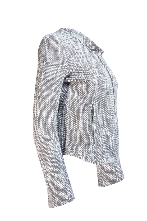 Joie - Grey & White Textured Knit Jacket w/ Raw Edge Trim Sz L - Current Boutique