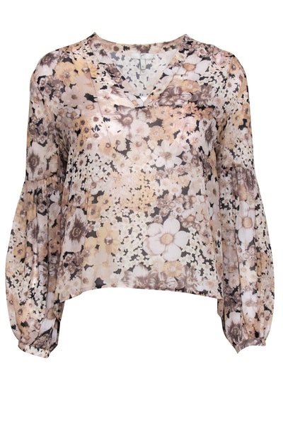 Current Boutique-Joie - Beige & Black Floral Print Sheer Silk Blouse Sz XS