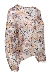 Current Boutique-Joie - Beige & Black Floral Print Sheer Silk Blouse Sz XS