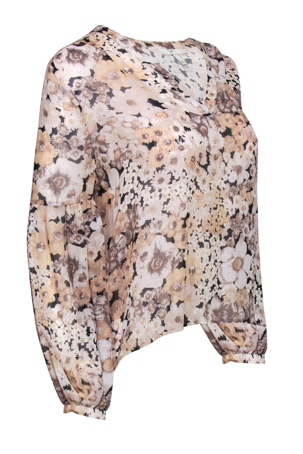 Current Boutique-Joie - Beige & Black Floral Print Sheer Silk Blouse Sz XS