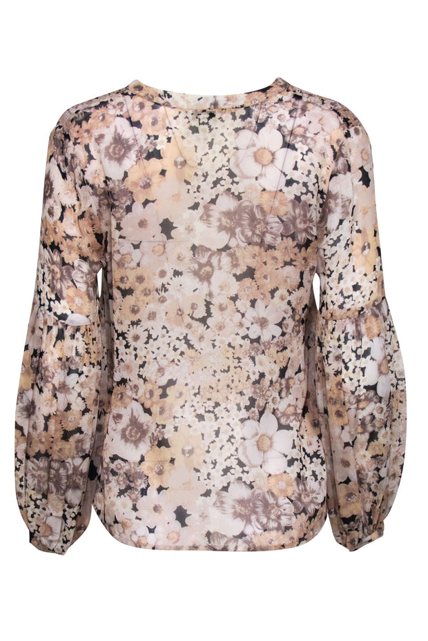 Current Boutique-Joie - Beige & Black Floral Print Sheer Silk Blouse Sz XS