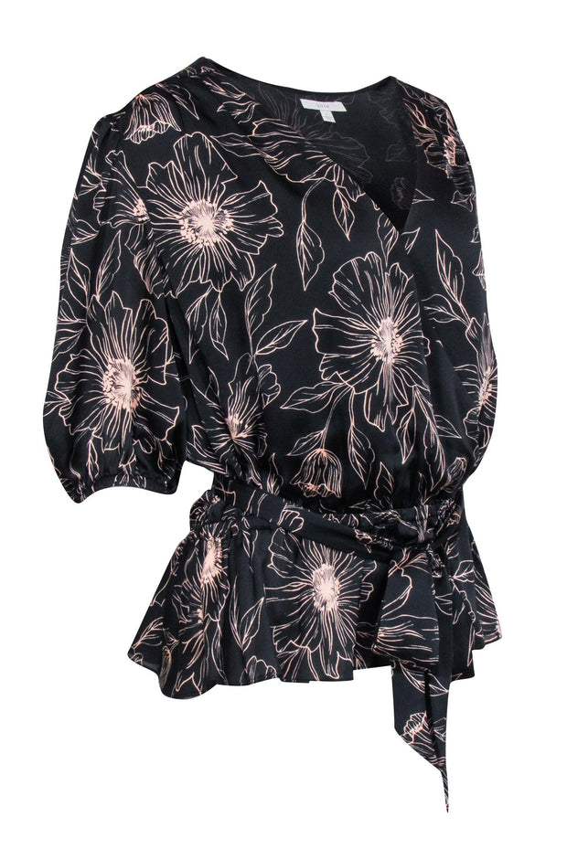 Current Boutique-Joie - Black w/ Blush Floral Print Crop Sleeve Wrap Top Sz L