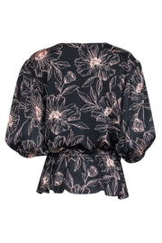 Current Boutique-Joie - Black w/ Blush Floral Print Crop Sleeve Wrap Top Sz L
