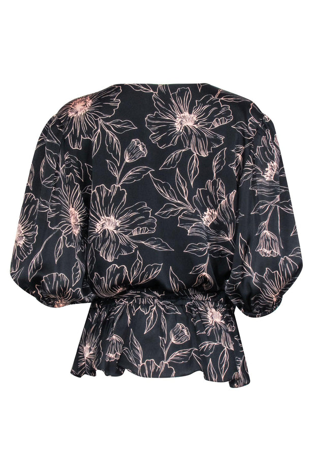 Current Boutique-Joie - Black w/ Blush Floral Print Crop Sleeve Wrap Top Sz L