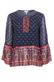 Current Boutique-Joie - Blue & Orange Geo Print Sheer Shirt Sz M