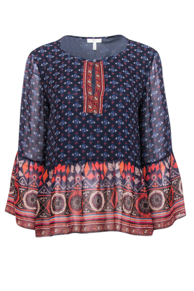 Current Boutique-Joie - Blue & Orange Geo Print Sheer Shirt Sz M