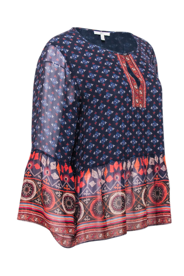 Current Boutique-Joie - Blue & Orange Geo Print Sheer Shirt Sz M