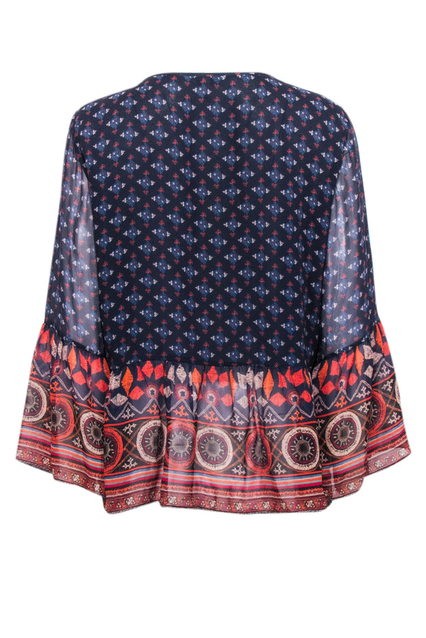 Current Boutique-Joie - Blue & Orange Geo Print Sheer Shirt Sz M