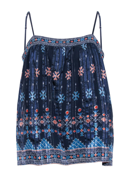 Current Boutique-Joie - Navy Metallic Stripe Boho Print Sleeveless Tank Blouse Sz M