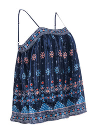 Current Boutique-Joie - Navy Metallic Stripe Boho Print Sleeveless Tank Blouse Sz M