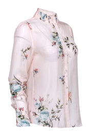 Current Boutique-Joie - Light Pink Floral Pleated Neckline Blouse Sz M