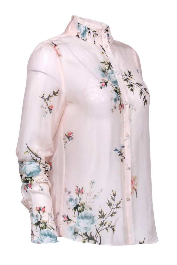 Current Boutique-Joie - Light Pink Floral Pleated Neckline Blouse Sz M
