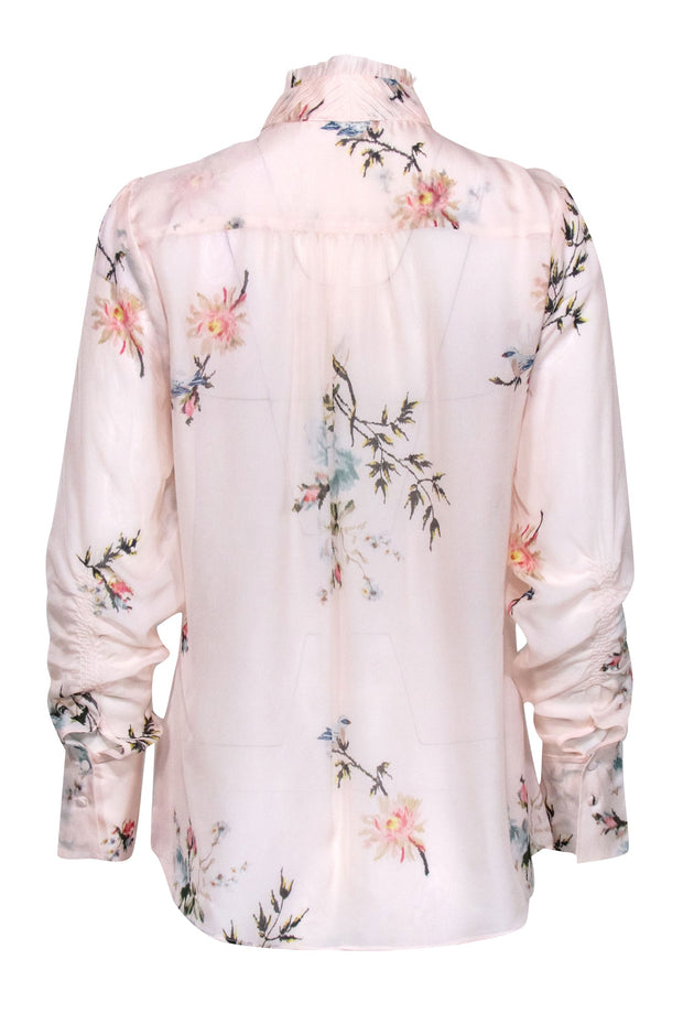 Current Boutique-Joie - Light Pink Floral Pleated Neckline Blouse Sz M